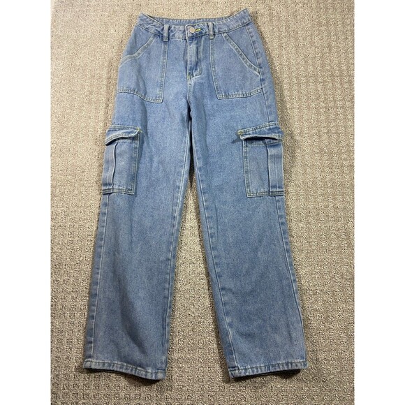 Unbranded Cargo Jeans Womens Small Blue Light Wash Straight Leg Mom - Picture 1 of 8